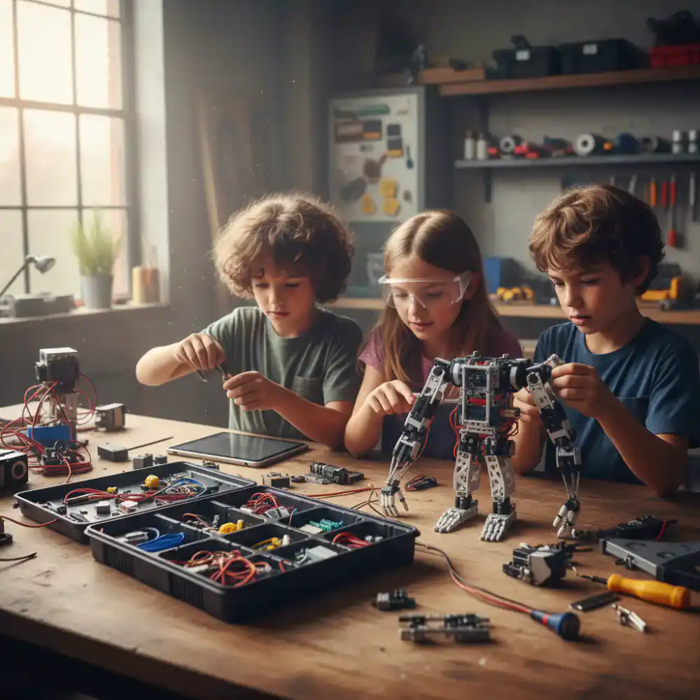 Children collaborating on a complex robot kit