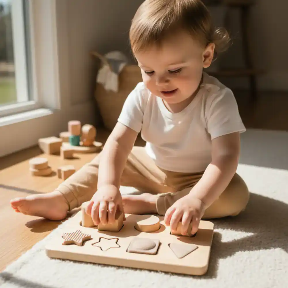Toddler engaged with a tactile wooden sorting board