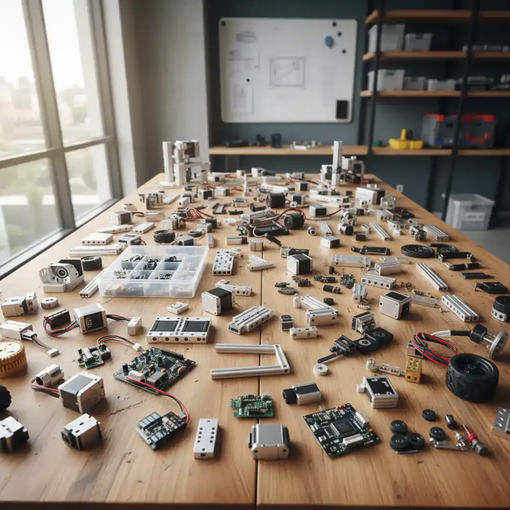 Advanced robot building kit components spread on a table