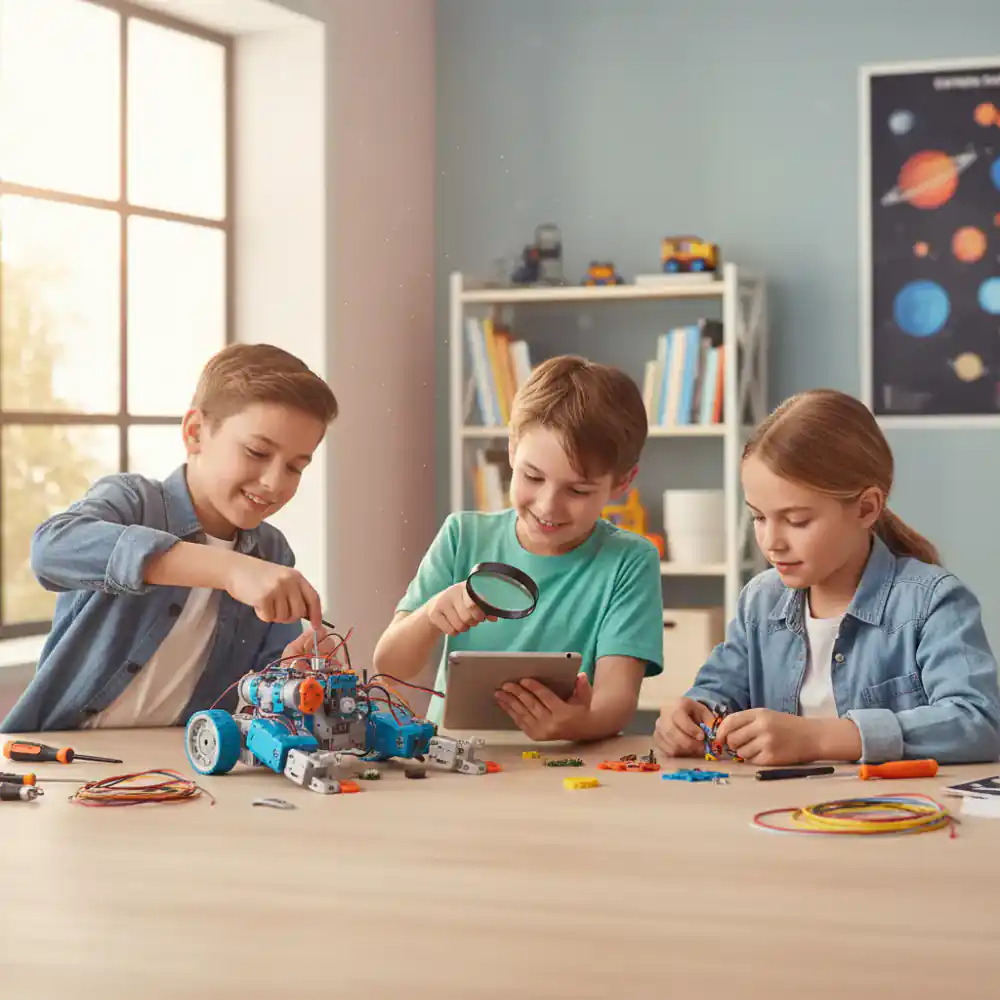 Children building a robot kit