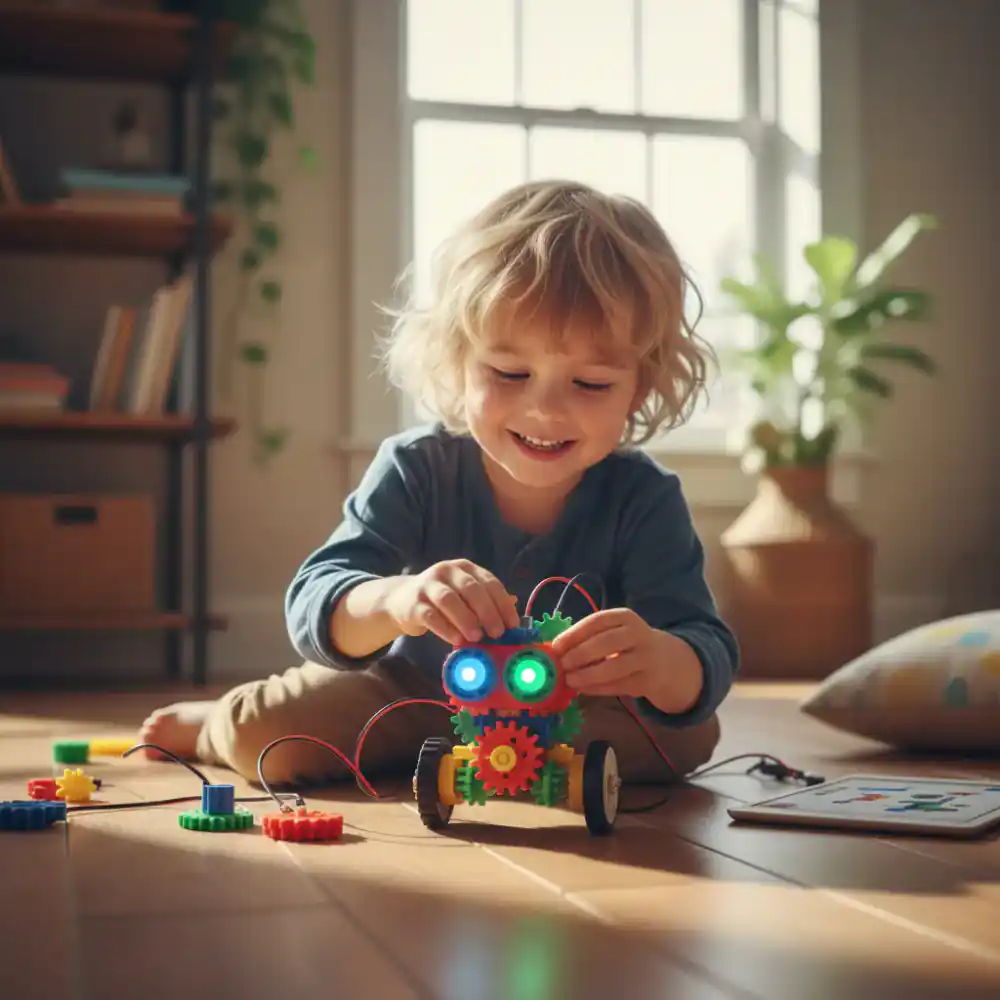 Happy child playing with STEM toy