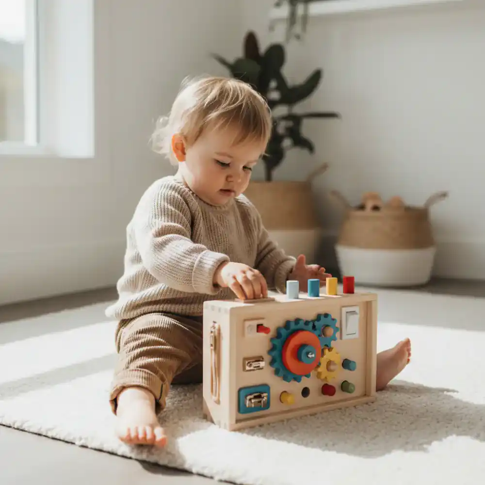 Toddler playing with Montessori board