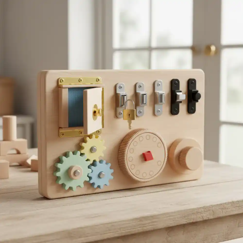 Wooden Montessori sensory board with latches and dials
